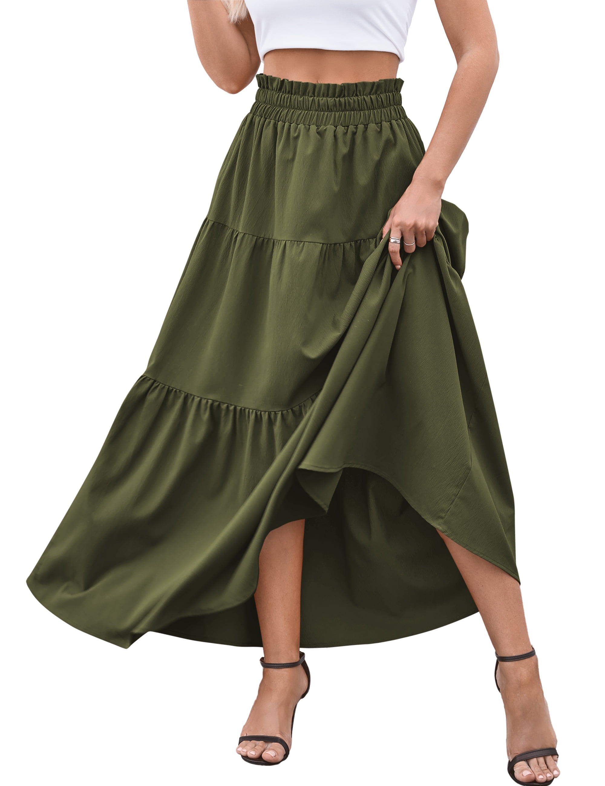 a.Jesdani Womens Maxi Skirts Casual Elastic High Waist Swing Tiered Beach Maxi Skirt s-xxl